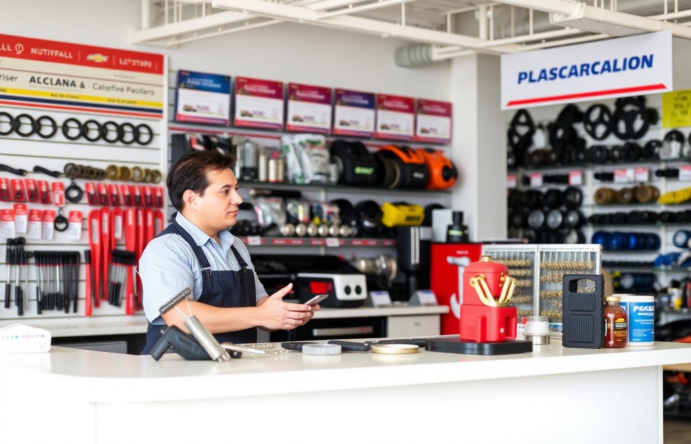Auto parts counter with replacement parts and a customer consultation