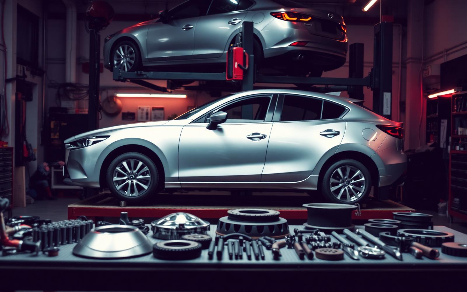 Mazda vehicle and genuine spare parts inside a modern automotive workshop